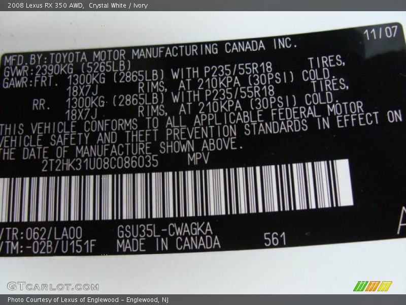 Crystal White / Ivory 2008 Lexus RX 350 AWD