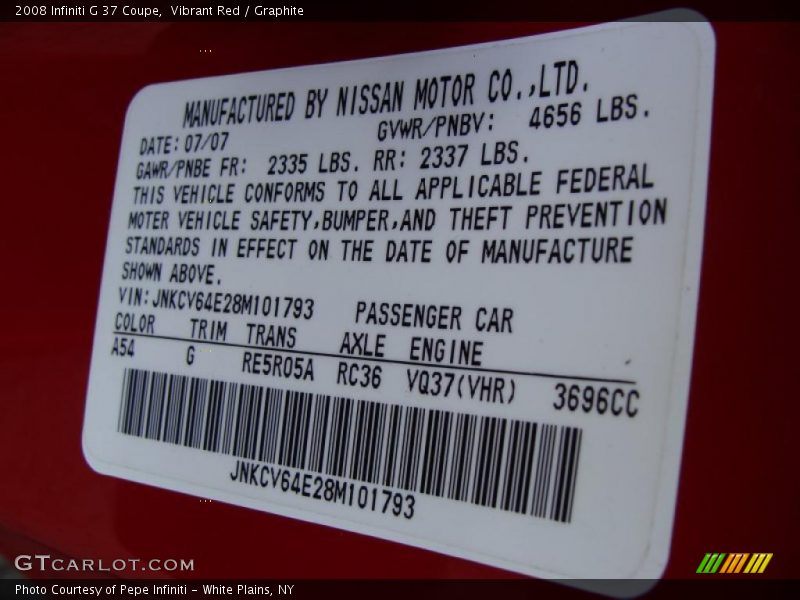 2008 G 37 Coupe Vibrant Red Color Code A54