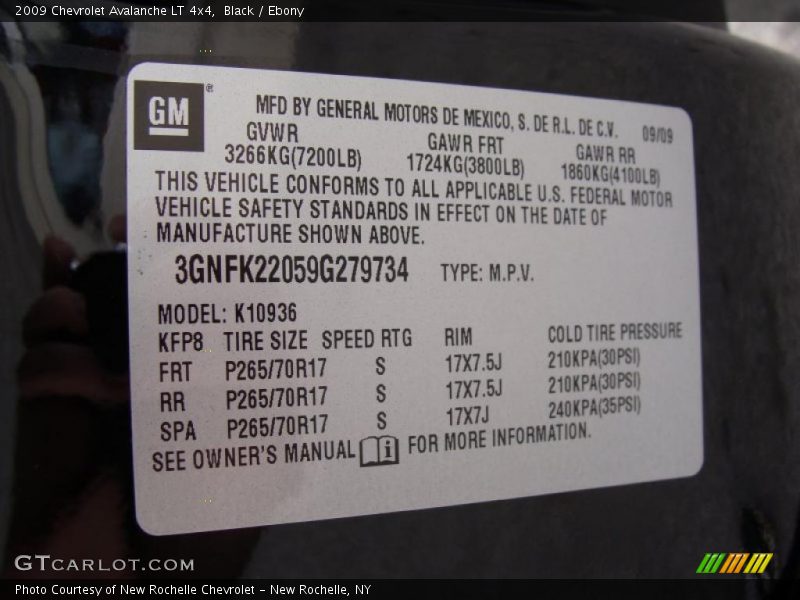 Info Tag of 2009 Avalanche LT 4x4