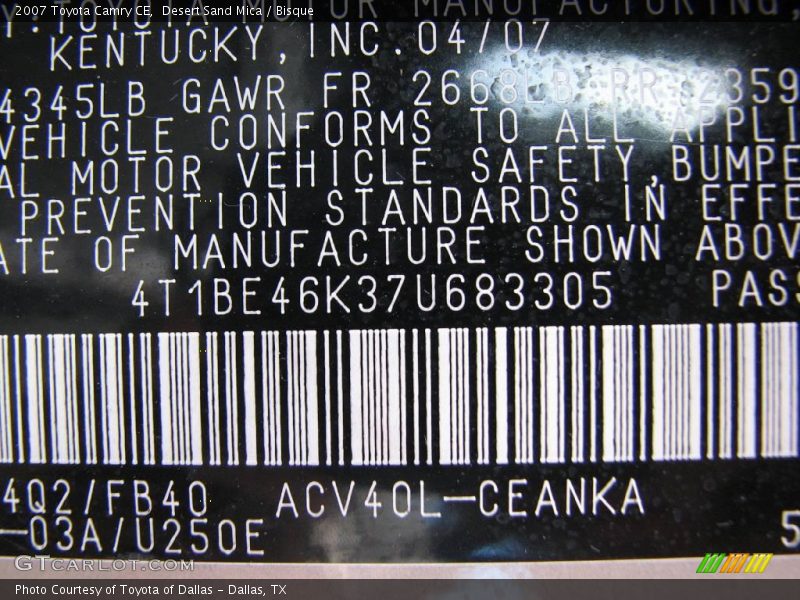 Desert Sand Mica / Bisque 2007 Toyota Camry CE