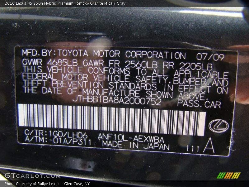 2010 HS 250h Hybrid Premium Smoky Granite Mica Color Code 1G0