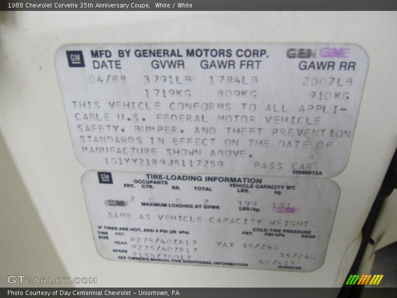 Info Tag of 1988 Corvette 35th Anniversary Coupe