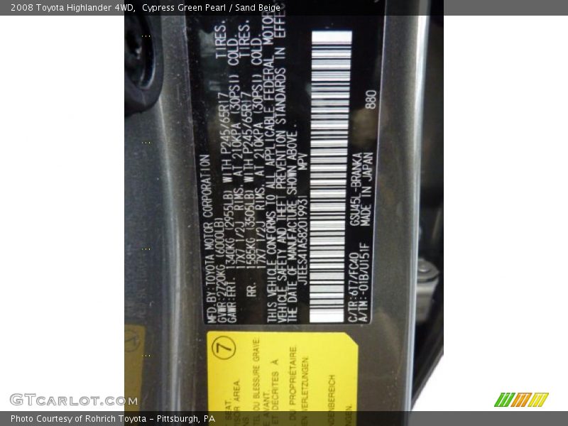 Cypress Green Pearl / Sand Beige 2008 Toyota Highlander 4WD