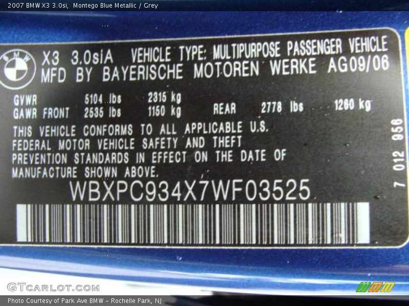 Montego Blue Metallic / Grey 2007 BMW X3 3.0si