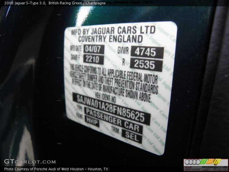 2008 S-Type 3.0 British Racing Green Color Code HHP