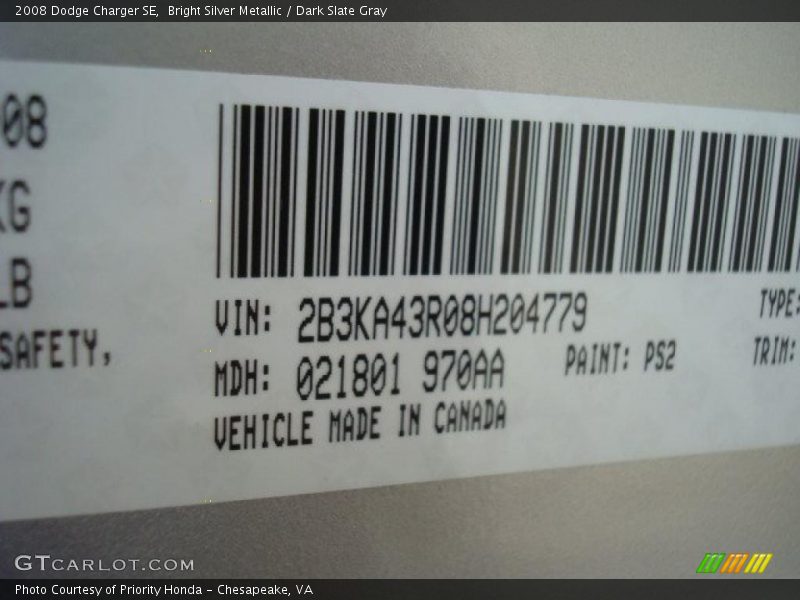 Bright Silver Metallic / Dark Slate Gray 2008 Dodge Charger SE
