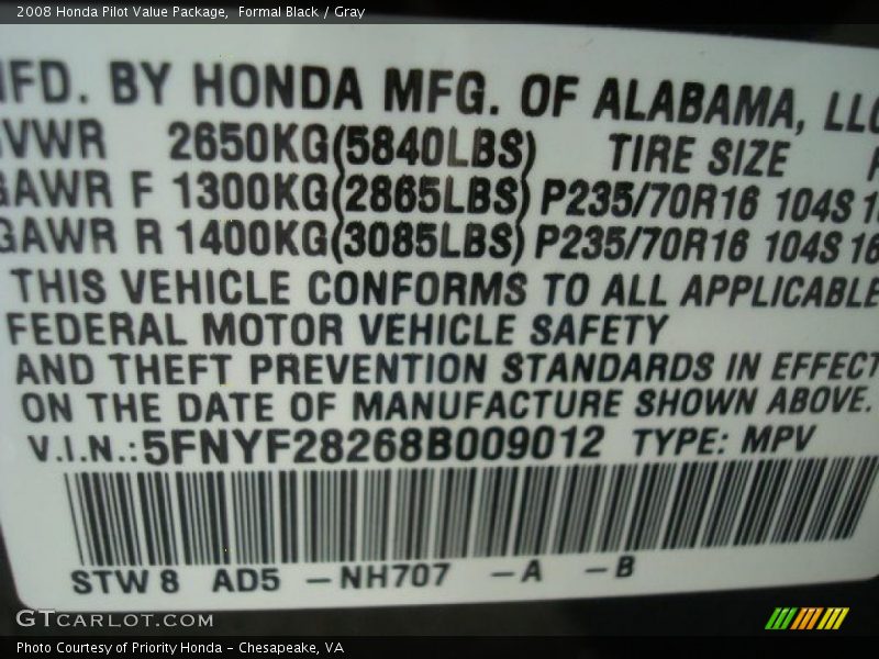 Formal Black / Gray 2008 Honda Pilot Value Package