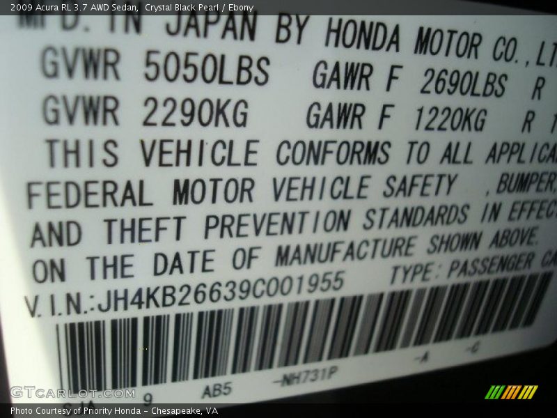 2009 RL 3.7 AWD Sedan Crystal Black Pearl Color Code NH731P