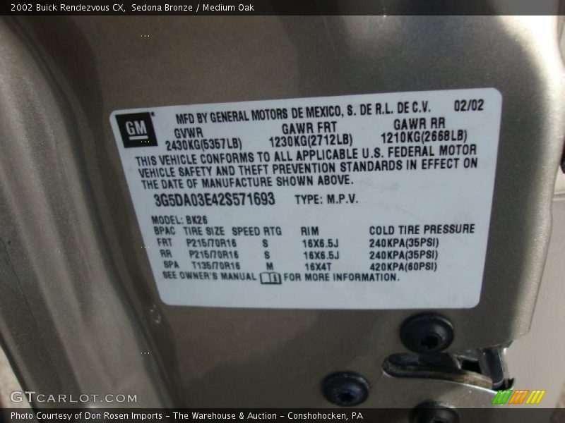 Sedona Bronze / Medium Oak 2002 Buick Rendezvous CX