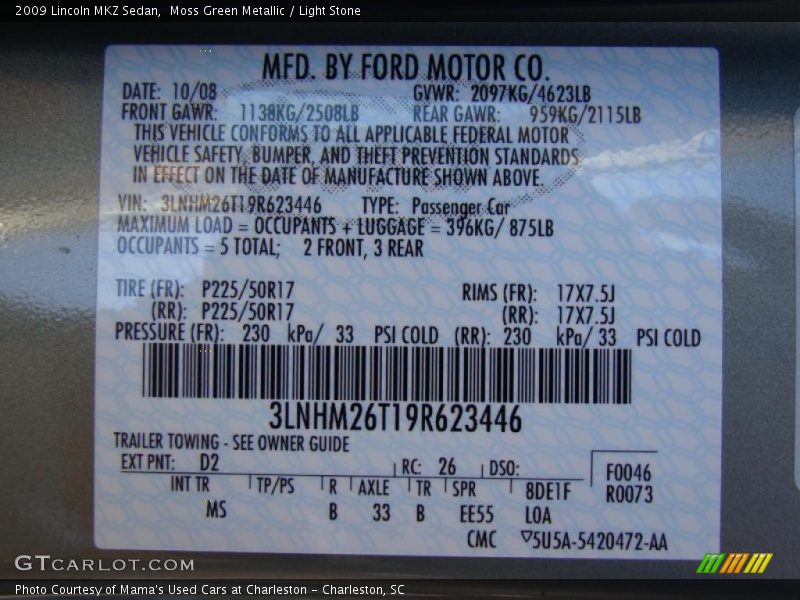 Moss Green Metallic / Light Stone 2009 Lincoln MKZ Sedan