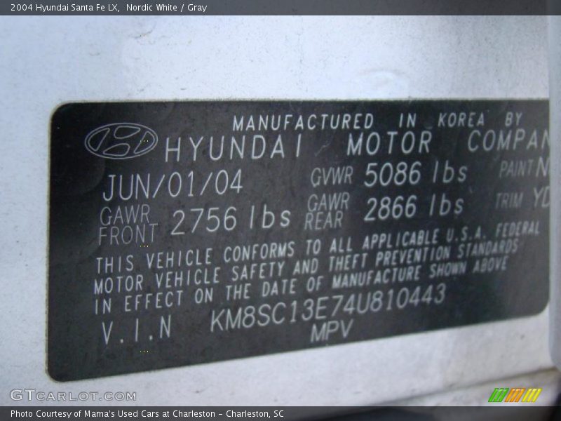 Nordic White / Gray 2004 Hyundai Santa Fe LX