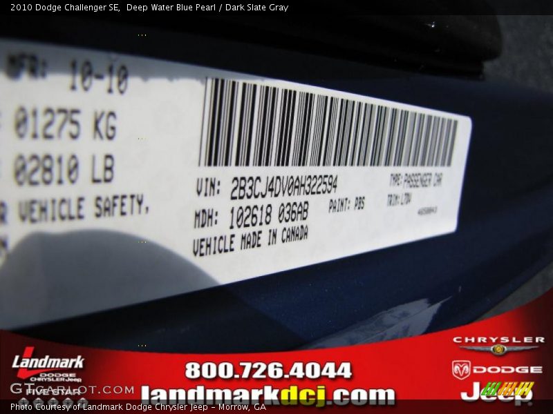 Deep Water Blue Pearl / Dark Slate Gray 2010 Dodge Challenger SE