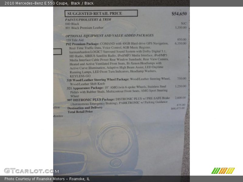  2010 E 550 Coupe Window Sticker