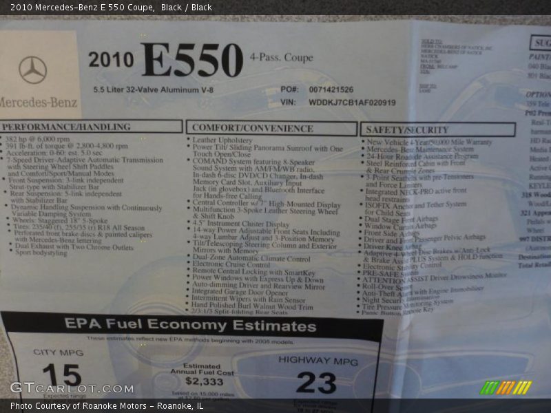  2010 E 550 Coupe Window Sticker