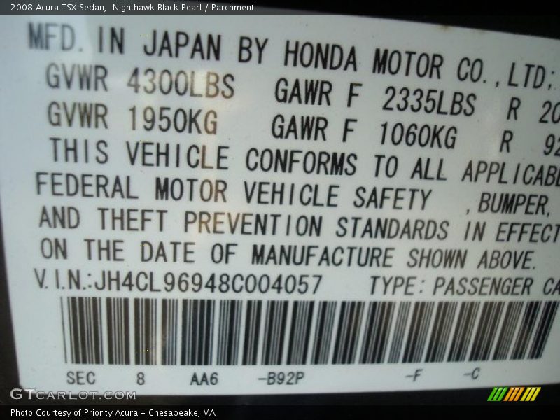 Nighthawk Black Pearl / Parchment 2008 Acura TSX Sedan