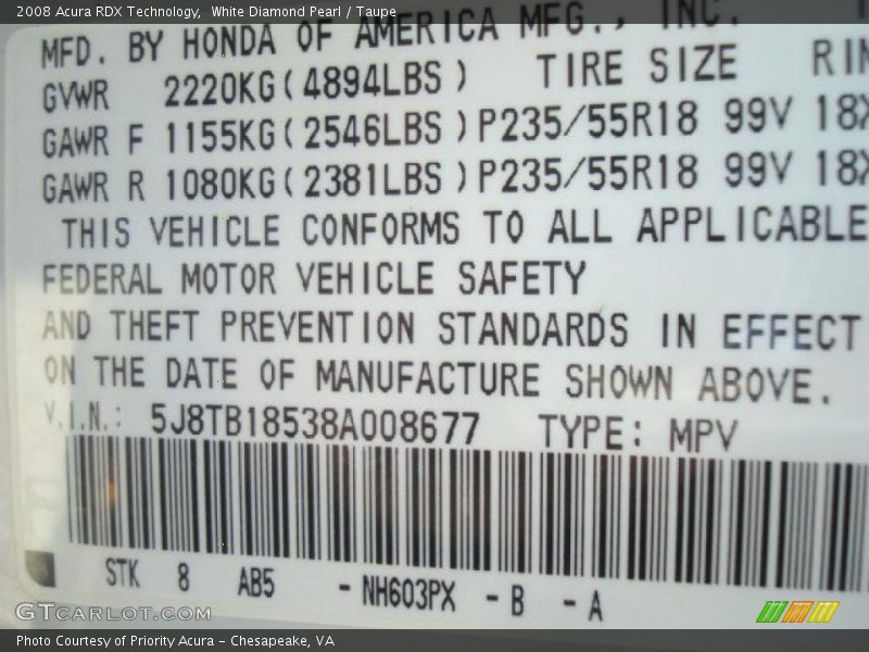 White Diamond Pearl / Taupe 2008 Acura RDX Technology