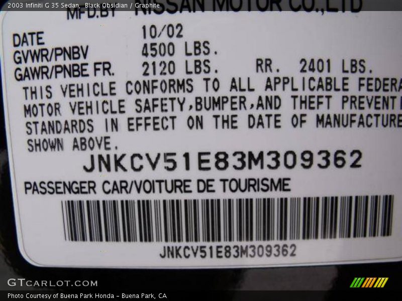 Black Obsidian / Graphite 2003 Infiniti G 35 Sedan