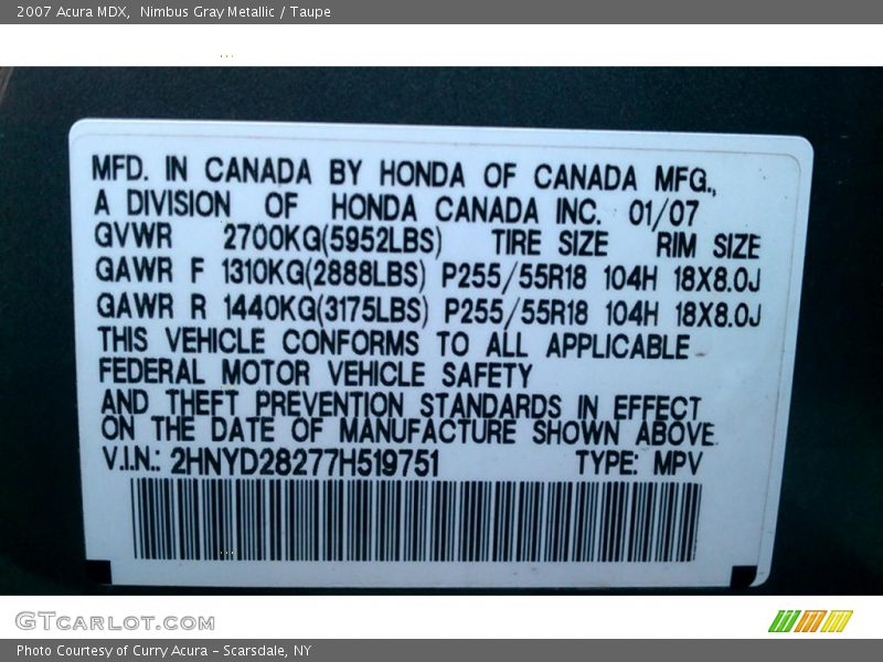 Nimbus Gray Metallic / Taupe 2007 Acura MDX