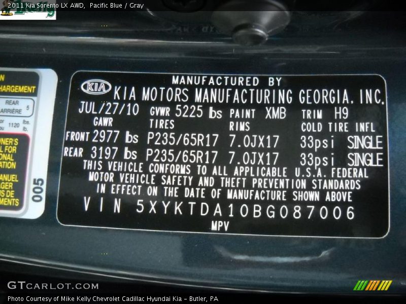2011 Sorento LX AWD Pacific Blue Color Code XMB