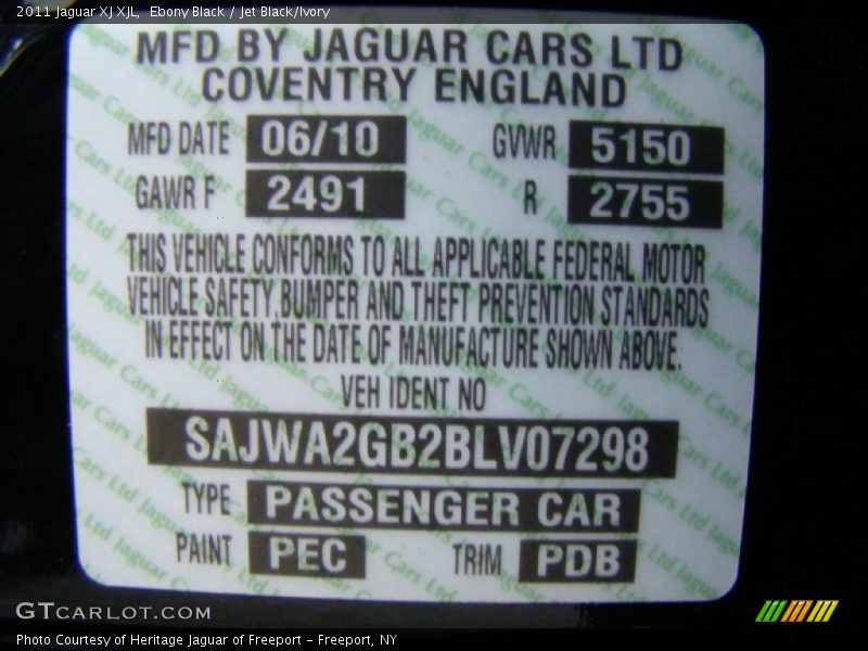 2011 XJ XJL Ebony Black Color Code PEC