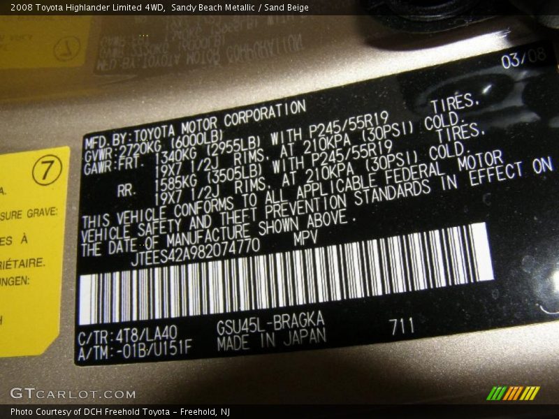 Sandy Beach Metallic / Sand Beige 2008 Toyota Highlander Limited 4WD