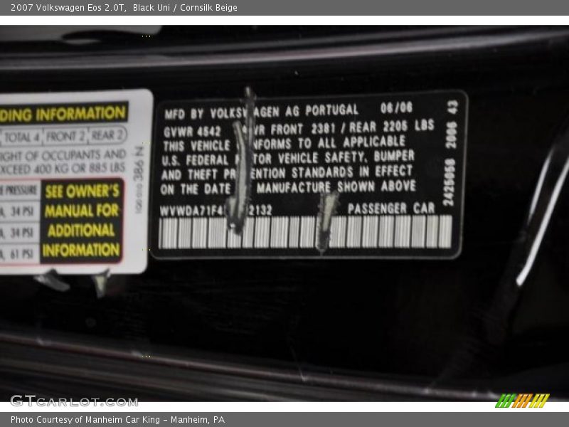 Black Uni / Cornsilk Beige 2007 Volkswagen Eos 2.0T