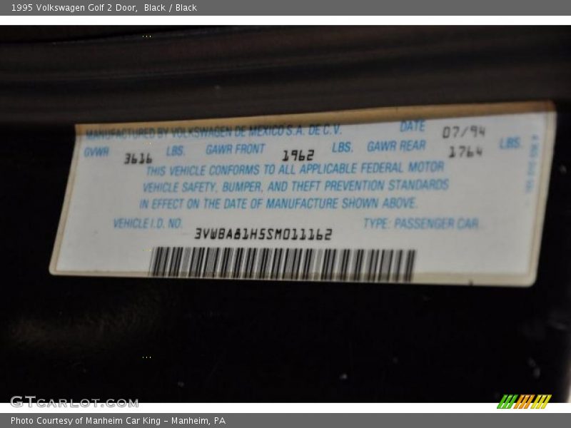 Black / Black 1995 Volkswagen Golf 2 Door