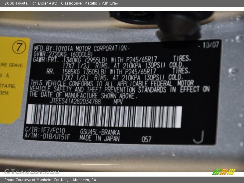 Classic Silver Metallic / Ash Gray 2008 Toyota Highlander 4WD