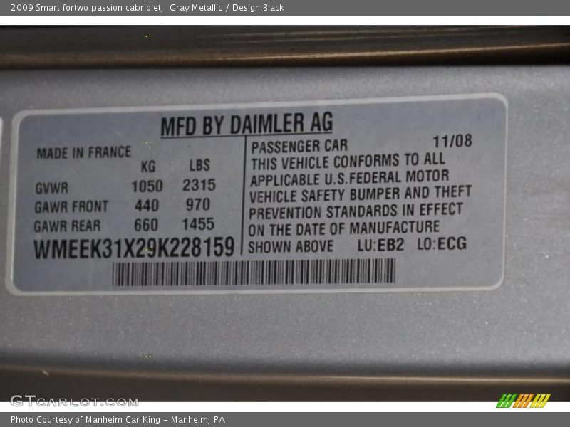 Gray Metallic / Design Black 2009 Smart fortwo passion cabriolet