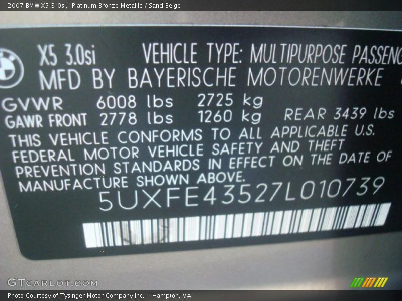 Platinum Bronze Metallic / Sand Beige 2007 BMW X5 3.0si