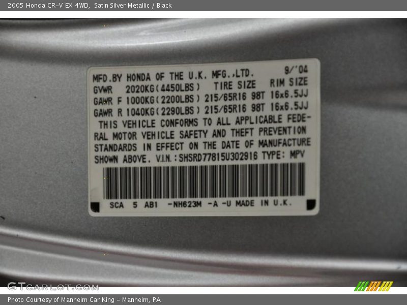 2005 CR-V EX 4WD Satin Silver Metallic Color Code NH623M