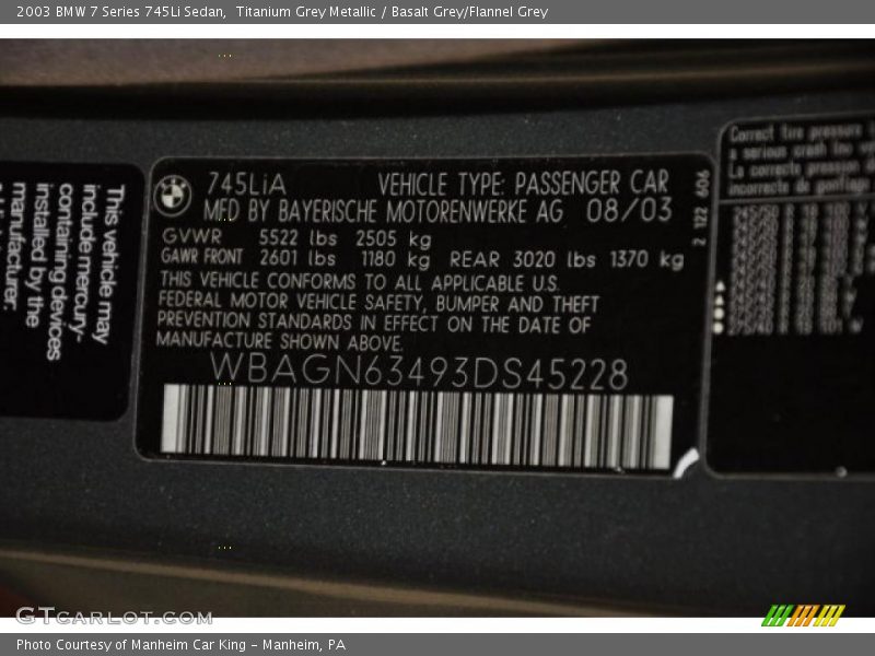 Titanium Grey Metallic / Basalt Grey/Flannel Grey 2003 BMW 7 Series 745Li Sedan