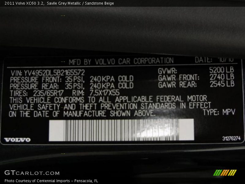 Info Tag of 2011 XC60 3.2