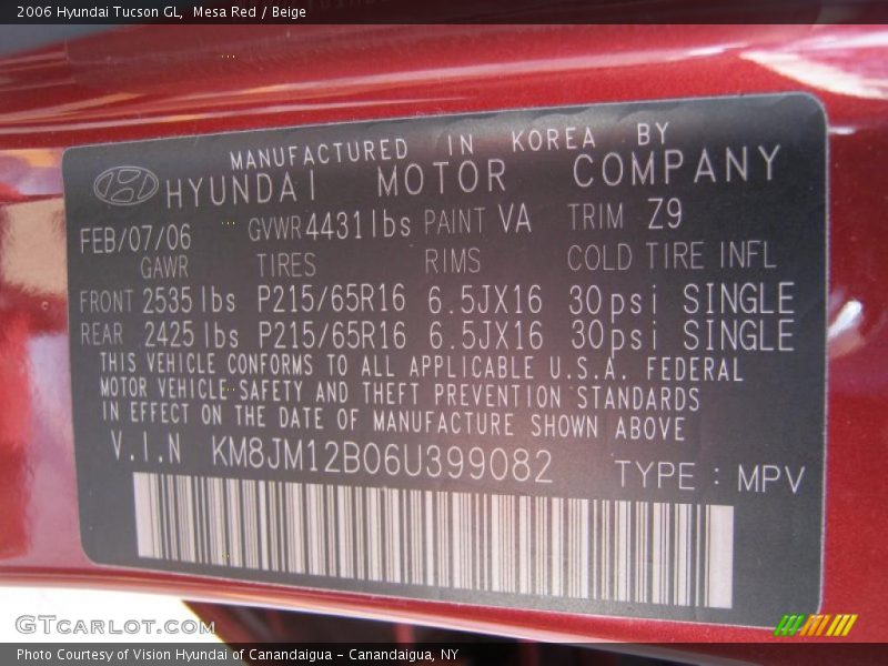 2006 Tucson GL Mesa Red Color Code VA