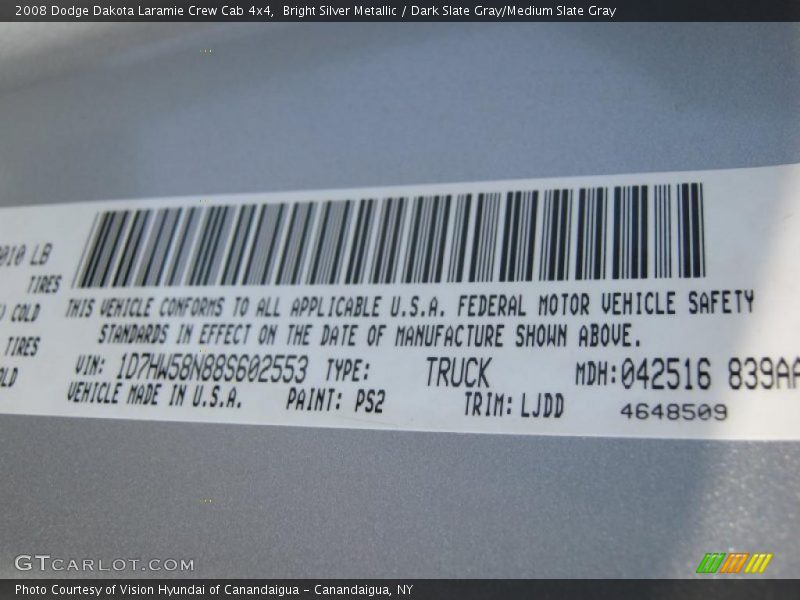 Bright Silver Metallic / Dark Slate Gray/Medium Slate Gray 2008 Dodge Dakota Laramie Crew Cab 4x4