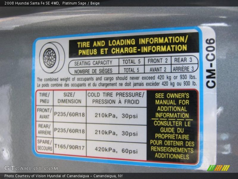 Info Tag of 2008 Santa Fe SE 4WD