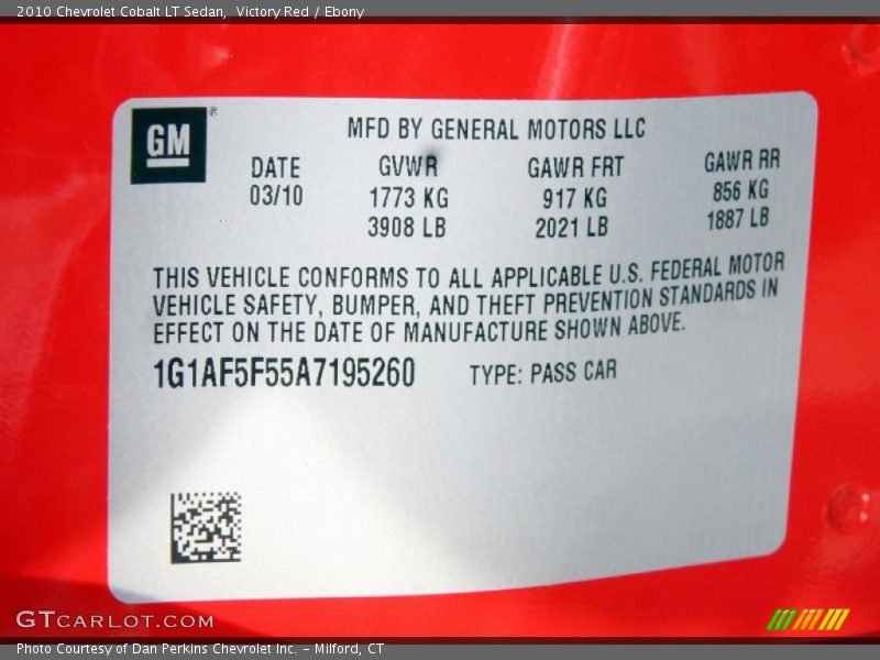 Info Tag of 2010 Cobalt LT Sedan
