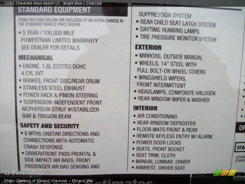  2011 Aveo Aveo5 LT Window Sticker