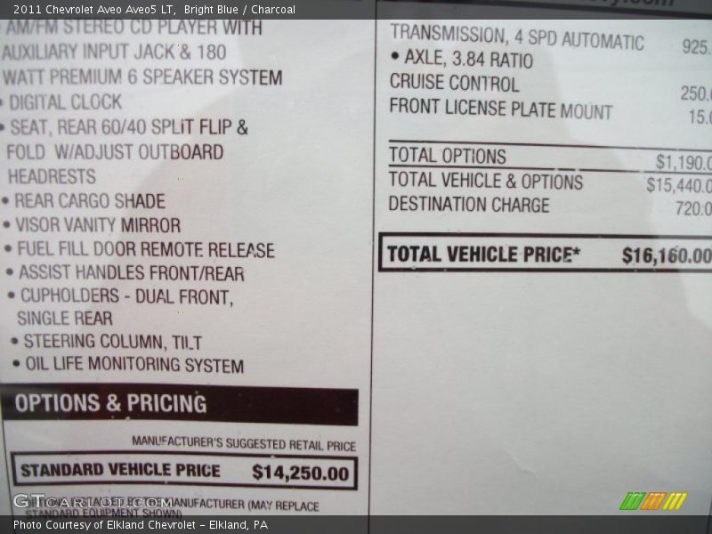  2011 Aveo Aveo5 LT Window Sticker