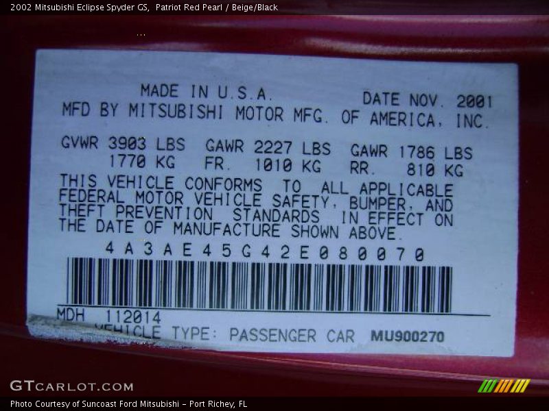 Patriot Red Pearl / Beige/Black 2002 Mitsubishi Eclipse Spyder GS