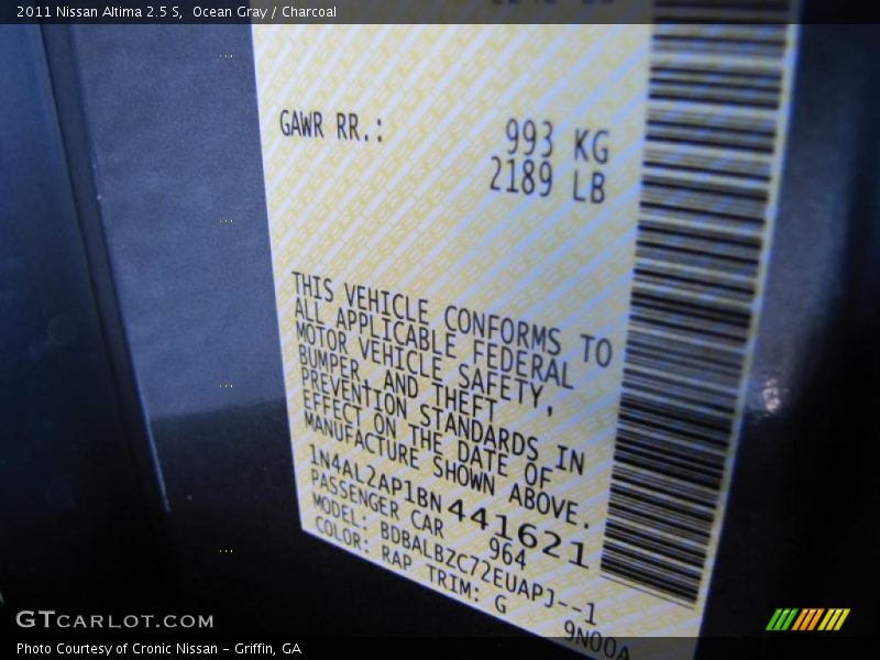 Ocean Gray / Charcoal 2011 Nissan Altima 2.5 S