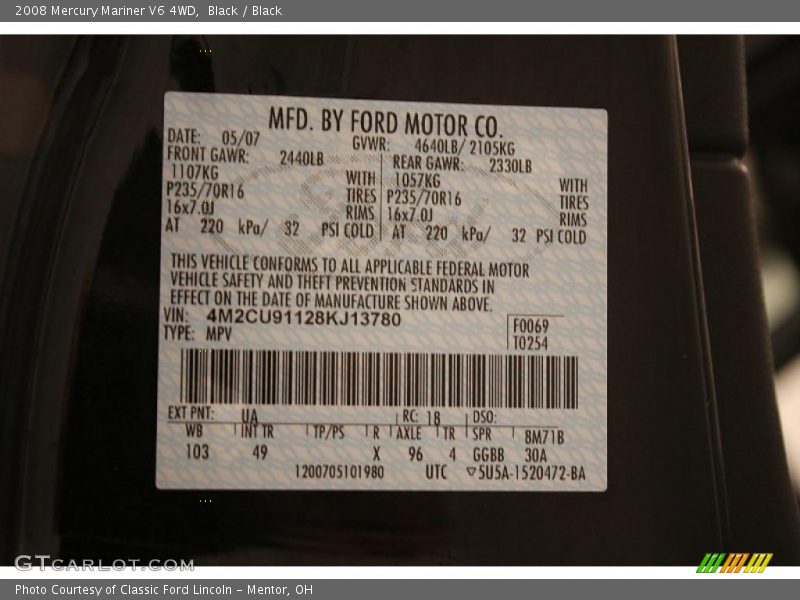 Black / Black 2008 Mercury Mariner V6 4WD
