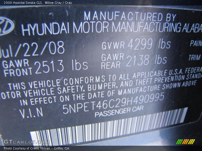 Willow Gray / Gray 2009 Hyundai Sonata GLS