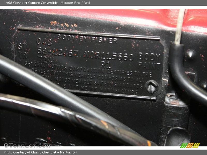 Info Tag of 1968 Camaro Convertible