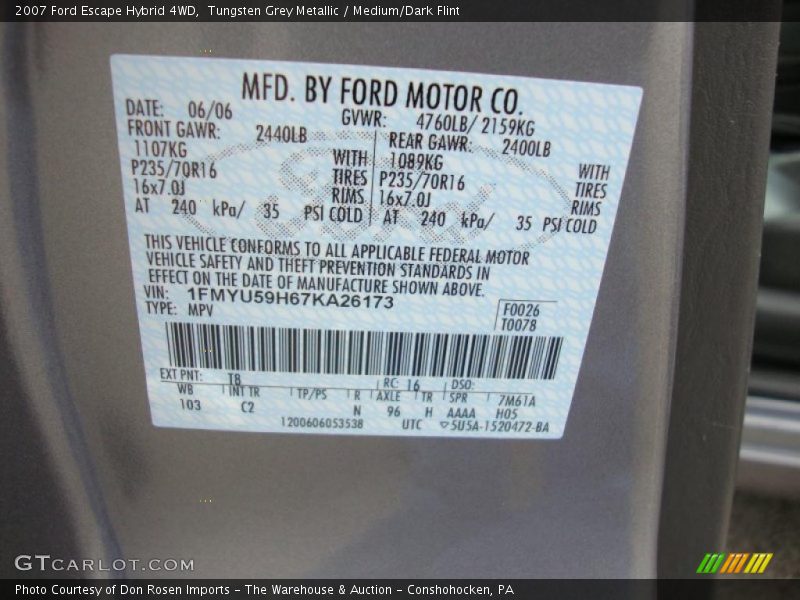 2007 Escape Hybrid 4WD Tungsten Grey Metallic Color Code T8