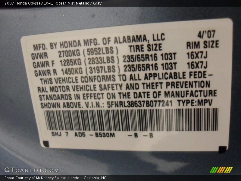 Ocean Mist Metallic / Gray 2007 Honda Odyssey EX-L
