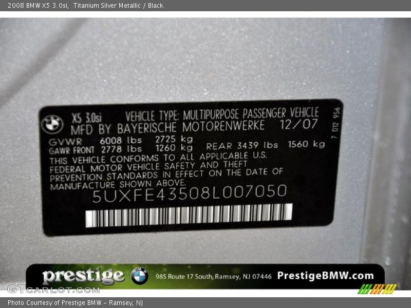 Titanium Silver Metallic / Black 2008 BMW X5 3.0si