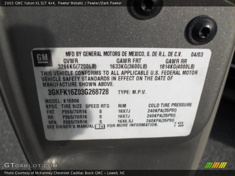 Pewter Metallic / Pewter/Dark Pewter 2003 GMC Yukon XL SLT 4x4