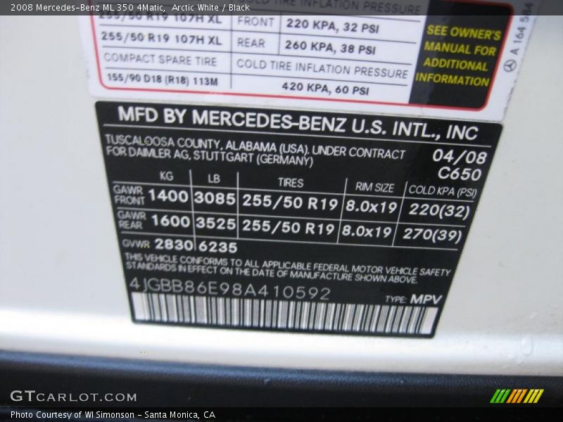 Arctic White / Black 2008 Mercedes-Benz ML 350 4Matic