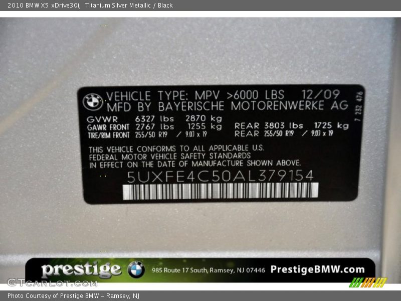 Titanium Silver Metallic / Black 2010 BMW X5 xDrive30i